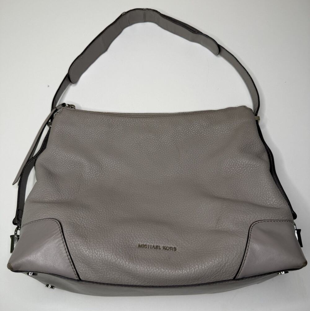 Michael Kors Crosby Hobo Shoulder Bag Gray Pebbled Leather Zip Top Adjustable